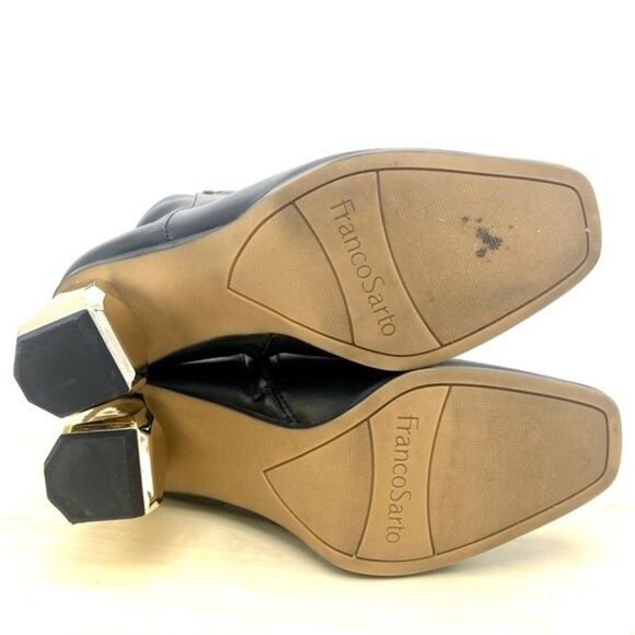 Franco Sarto Tiera Black Leather Gold Beveled Block Heel Ankle Boot Size 7M NEW! - Picture 7 of 10